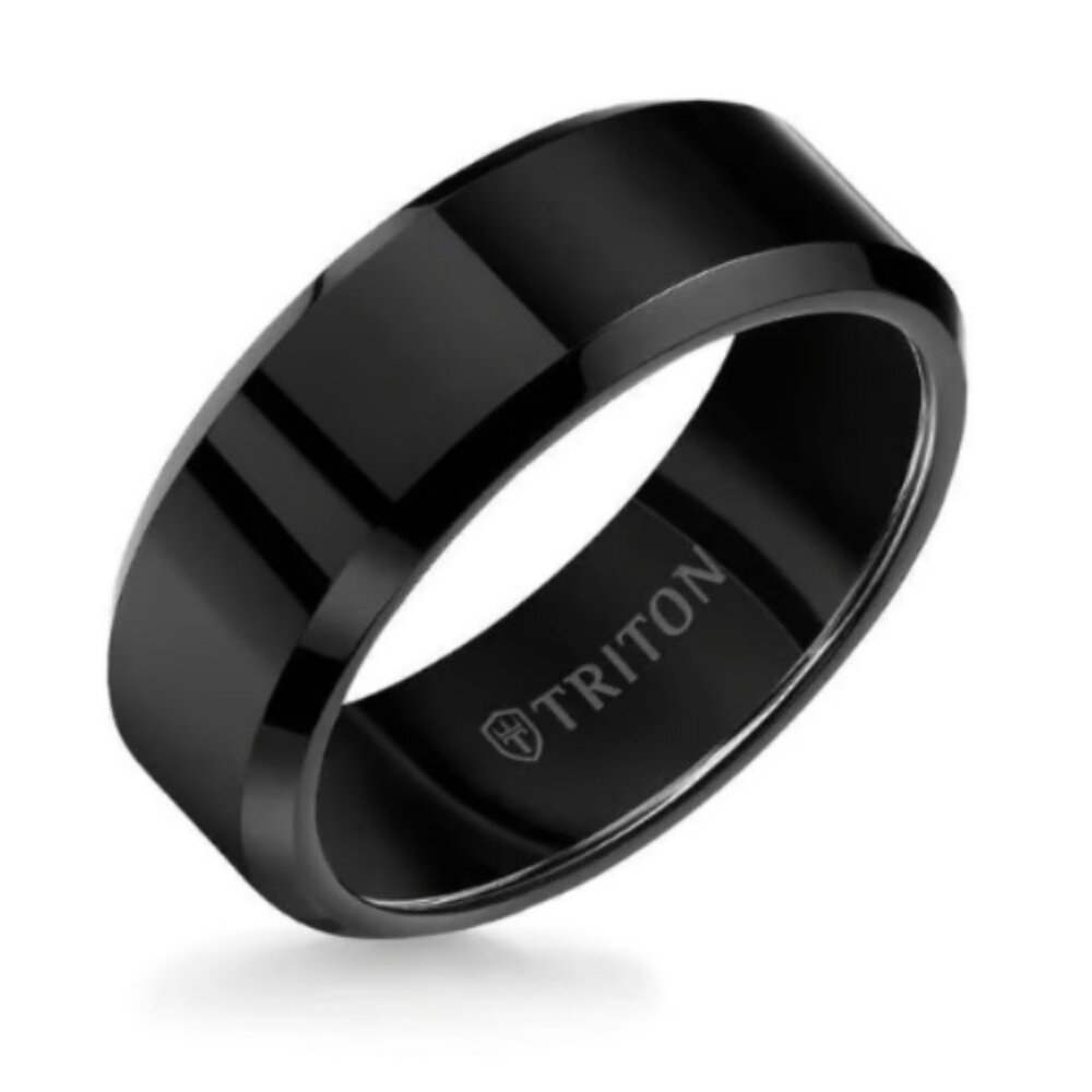 8MM Black Tungsten Carbide Ring - Bright Finish and Bevel Edge